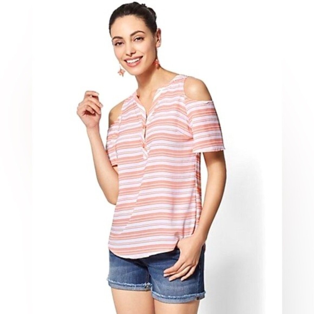 New York & Company orange and white striped cold shoulder top size small NWT
